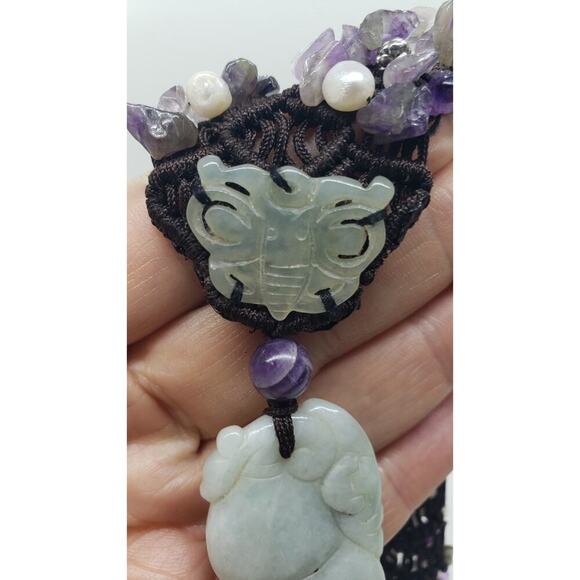 Vintage Necklace Amethyst Genuine Pearl Jade Elephant & Butterfly Pendants - Picture 12 of 13